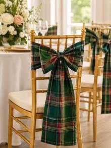4pcs Christmas Scottish Plaid Chair Back Bowknot Ribbons, Red And Green Checkered Dining Chair Sashes, Wedding Banquet Holiday Party Bamboo Chair Decor - Multicolor - View 11