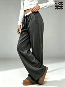 mulinsen Women's Wide Leg Sweatpants, Contrast Color Double Waistband Drawstring Stitching Detail, Loose Casual Sport Pants, Suitable For Daily Fitness And Streetwear - Dark Grey - View 8