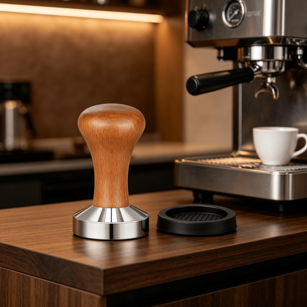 51 mm espresso koffietamper met houten handvat, roestvrijstalen koffieperser, 60 mm siliconen tamper-mat, zware, solide barista-koffietool
