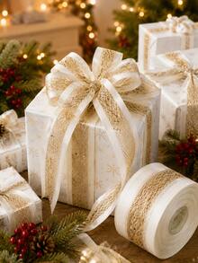 2.5 Inch Gold Glitter Wired Christmas Ribbon, White Champagne Mesh Polyester Ribbon With Metallic Edge, Christmas Tree Ribbon, Suitable For Bow Making, Christmas Tree Topper, Wreath, Holiday Party DIY Decoration - Gold Fan Belt - View 1