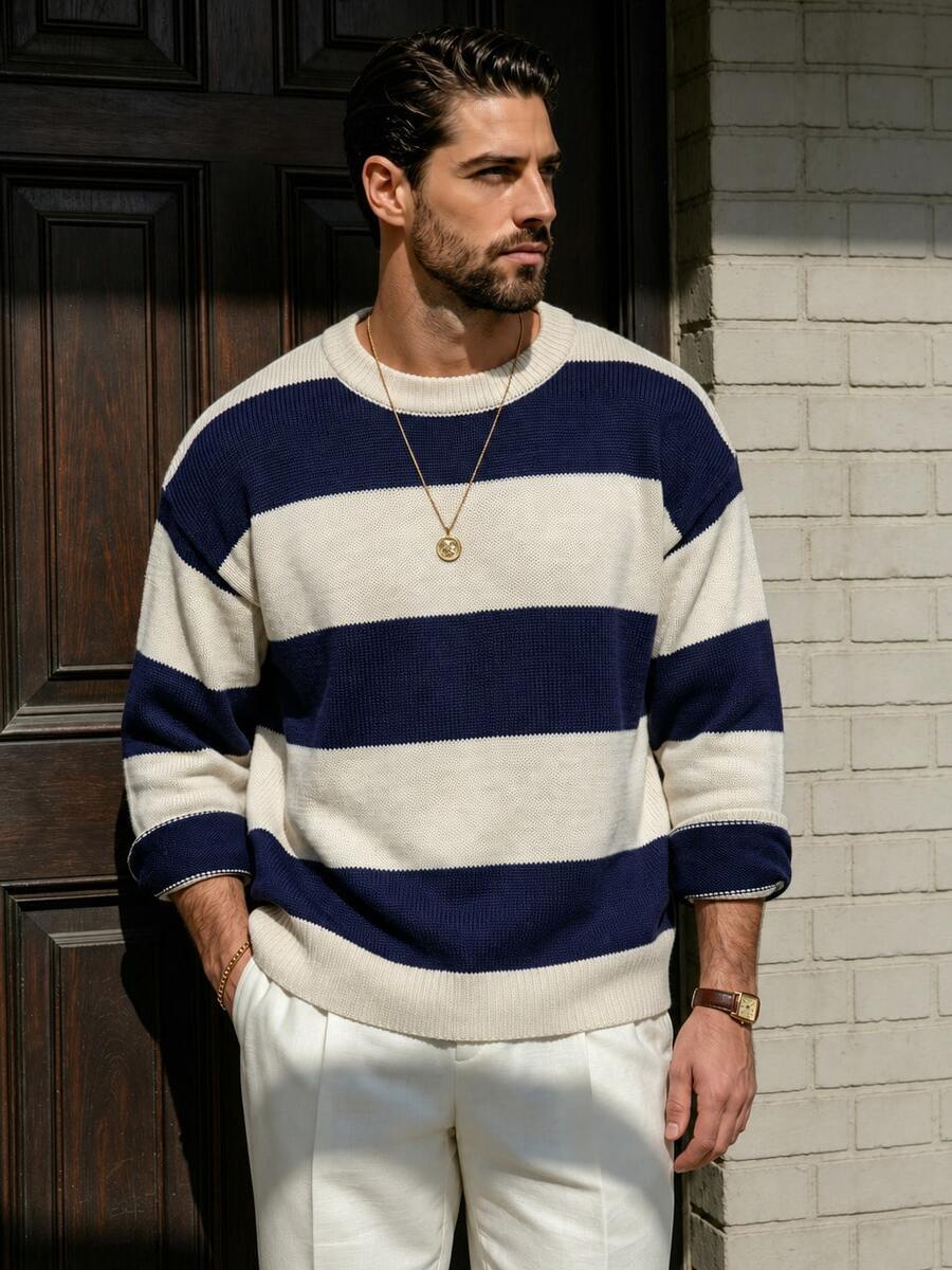 Sweater Patchwork Bergaris Klasik Unisex, Atasan Rajut Longgar Kasual Nyaman Bergaya Retro dengan Leher Bulat, Cocok untuk Musim Gugur dan Musim Dingin - Aprikot - View 1
