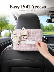 1pc Car Tissue Box Holder, Cute Bow Plaid Hanging Tissue Dispenser, Polyester Car Tissue Dispenser, Suitable For Seat Back, Sun Visor, Center Console, Universal Car Interior Accessory, Women's Style, Car Travel Essential - A - View 4