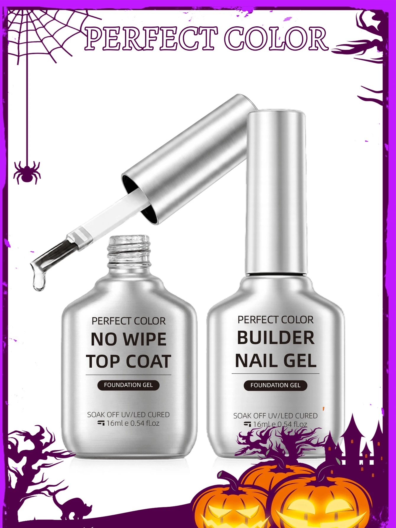 PERFECT COLOR Self-Leveling Builder Gel Kit, Builder Gel & Top Coat Tanpa Perlu Dilap untuk Overlay Kuku, Gel UV LED untuk Manikur Wanita Musim Gugur dan Halloween - Kit Pembuat - View 1