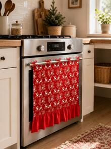 Christmas Oven & Dishwasher Door Curtain, Red Background With White Reindeer & Christmas Tree Print, Ruffled Edge With Red Bow, Holiday Kitchen Stove Decoration, Winter Home Party Kitchen Entryway Cabinet Decor Accessory - Red - View 8