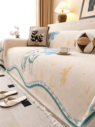 1pc Vintage Floral Plant Chenille Sofa Cover With Tassel Trim, Universal Anti-Slip Chenille Sofa Protector, Dust-Proof Pet-Friendly Furniture Cover, Cream French Country Style Sofa Blanket For Living Room Home Decor