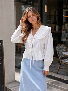 Women's New Autumn Peter Pan Collar Tie Blouse, Adjustable Tie Detail Long Sleeve Cardigan, Machine Washable Solid Color Layering Top, Daily Fashion Decorative Knot Design - White - View 1