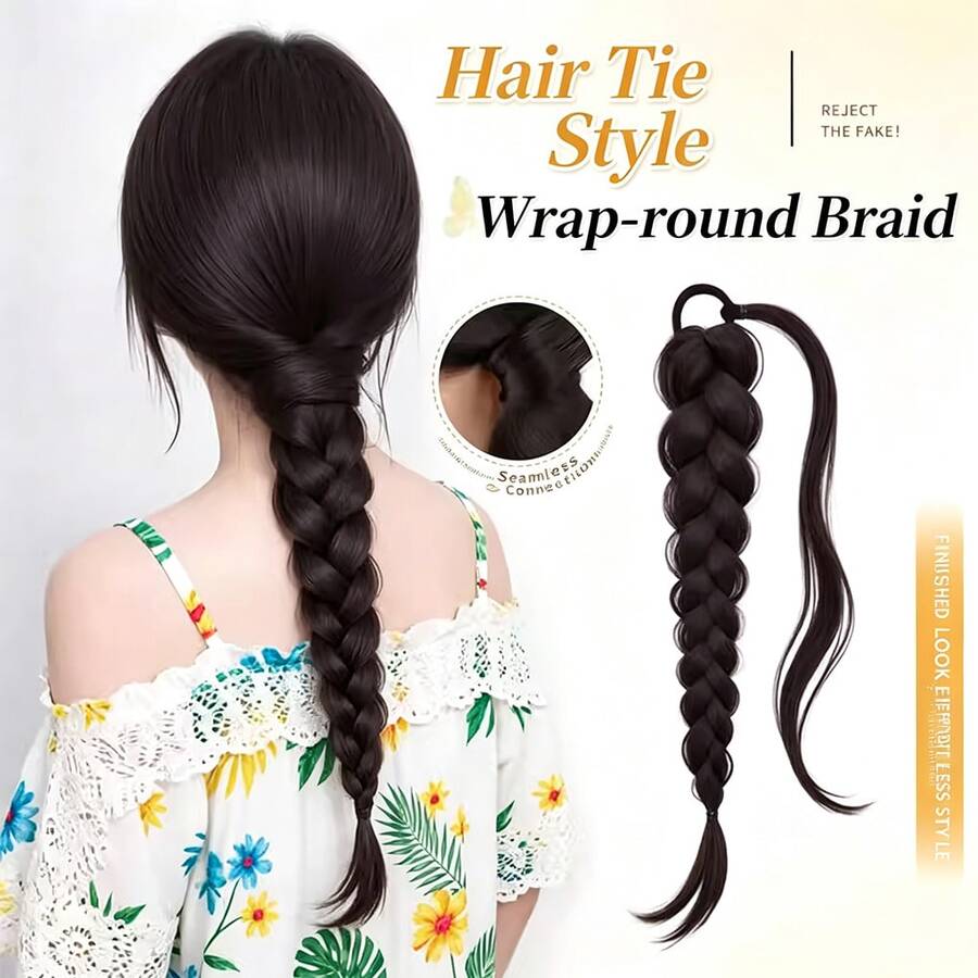 Low Ponytail Braided Wig For Women, Natural Fluffy Twisted Braid Hair Extension, Seamless New Chinese Style Hair Braid Hair Tie Hair Accessory - Black - View 1