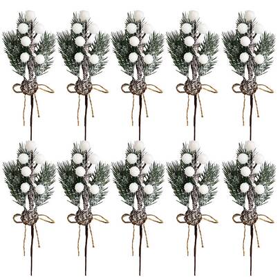 8pcs Simulation Snow Spraying Pine Branches, White Berries, Christmas Holly Fruit Decoration Branches, DIY Flower Garlands, Christmas Trees, Snow Scenery Accessories, Home Holiday Ornaments