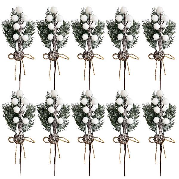 8pcs Simulation Snow Spraying Pine Branches, White Berries, Christmas Holly Fruit Decoration Branches, DIY Flower Garlands, Christmas Trees, Snow Scenery Accessories, Home Holiday Ornaments