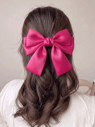 1 Pc Satin Bow Hair Clip For Women,Large Fuchsia Pink Hair Bow Barrette,Elegant Silk Hair Accessories For Girls,Wedding Party Daily Wear Festival Fall