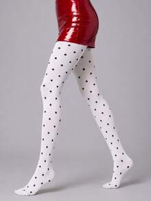 1 par de medias de mujer blancas engrosadas con lunares, medias con patrón de puntos negros para otoño, estilo preppy, retro & atuendos diarios - Blanco - Ver 5
