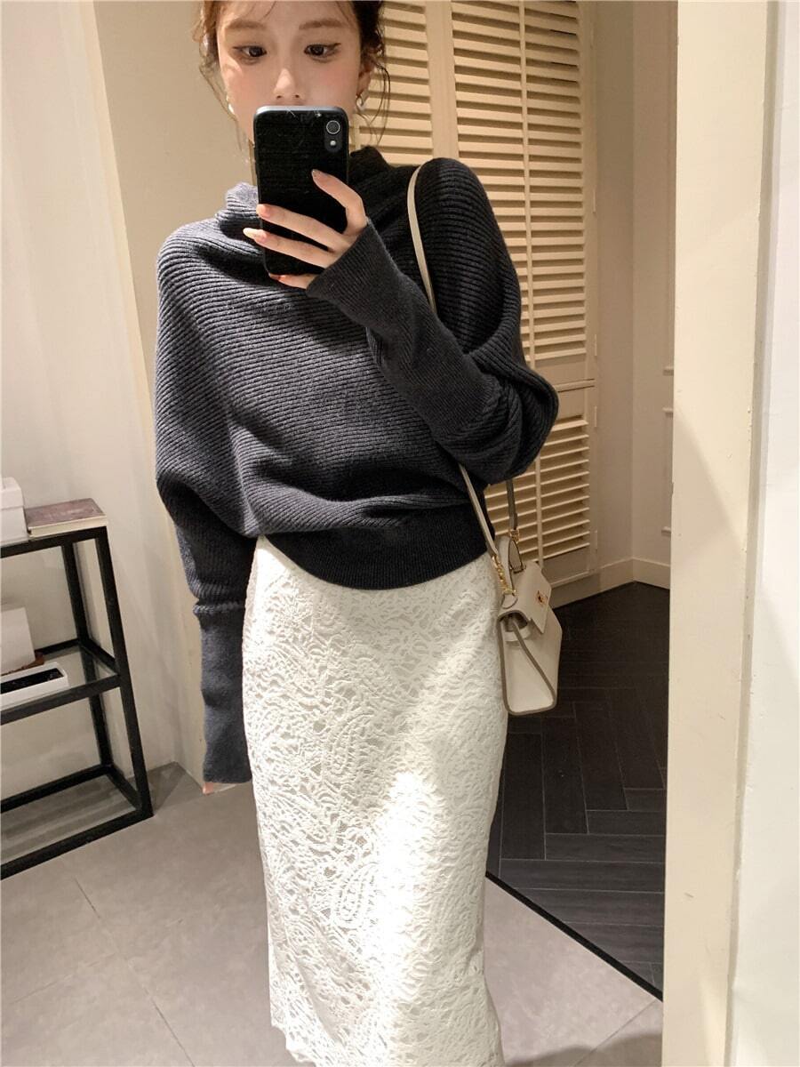 Y6Y Fashion Versatile Exquisite High Neck Dark Gray Women's Knit Sweater Top, Autumn/Winter Slouchy Loose Pullover - Dark Grey - View 1
