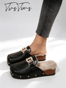 Women's Classic Square Toe Rivet Plush Lined Mule Slippers, Low Wedge Heel Closed Toe Half-Slip, Warm Casual Versatile Outdoor Thermal Slippers, Autumn/Winter - Black - View 1