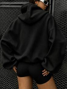 Ghost Letter Print Pattern Sweatshirt, Plus Size Women's Casual Autumn/Winter Long Sleeve Pocket Hooded Sweatshirt Black - Black - View 2