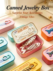 Vintage Sardine Mini Jewelry Storage Box With Fish Bone Divider, Mini Earring Box,Snap Closure Sealed Portable Jewelry Box,Rectangular Flip Top Metal Tin,Compartment Storage For Earrings, Rings,Necklaces, Suitable For Commuting,Short Trips, Dorm Desk - Multicolor - View 4