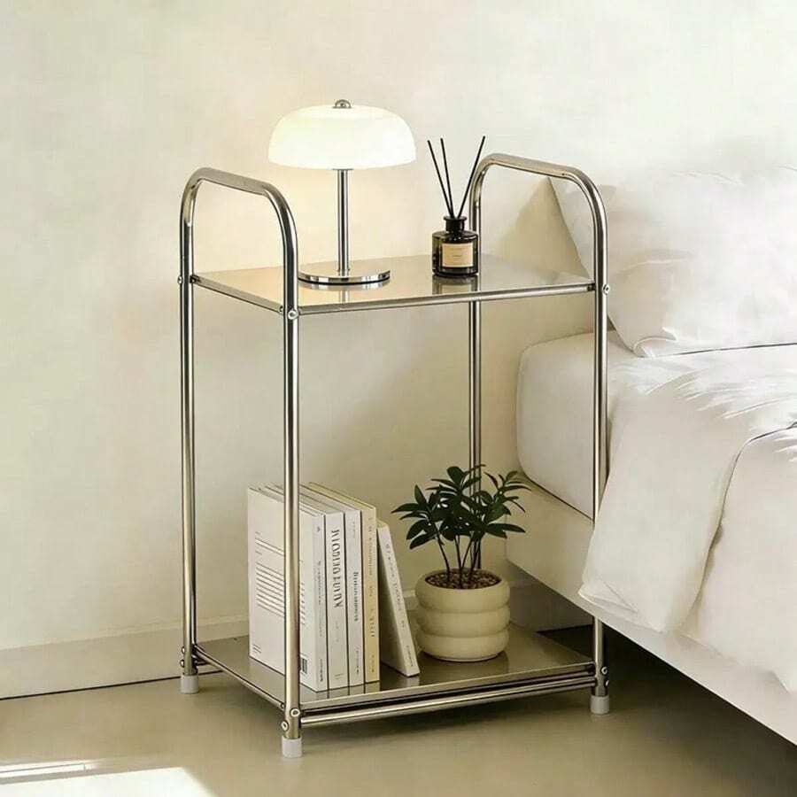 1pc Modern Stainless Steel Edge Bedside Table With Storage Space, Silver, Home Storage Rack, No Assembly Required, Height Under 27 Inches, Space-Saving Design, No Power Needed, Perfect For Sofa And Kitchen, Practical Shelf - Multicolor - View 1