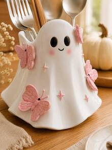 Cute Ghost Cutlery Holder With Pink Butterflies, Halloween Utensil Organizer For Forks Spoons Chopsticks, Kitchen Countertop Tableware Storage, Dining Table Decor, Fall Home Decor, Housewarming Gift - Multicolor - View 3