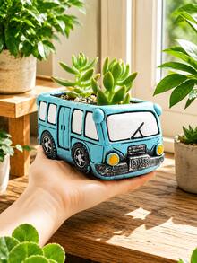 1pc Cute Vintage Bus Succulent Planter, Blue Resin Vintage Bus Flower Pot, Suitable For Small Plants, Creative Window Sill Flower Box, Suitable For Window Sill, Desktop, Garden And Home Decor, Gift For Plant Lovers - A - View 1