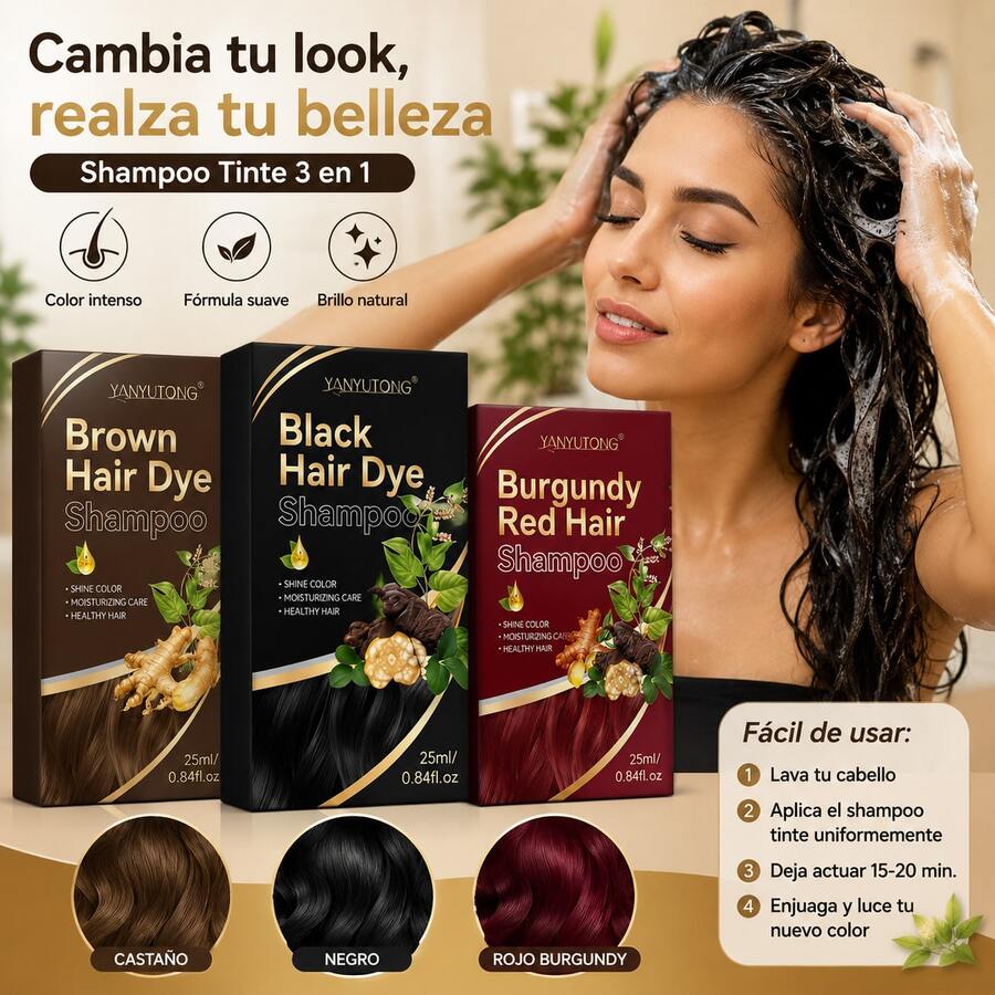 Shampoo Tinte 3 en 1 Colorante para Cabello, Fórmula Suave con Extractos Herbales, Tiñe en 15 Minutos Cubre Canas, Tonos Negro, Castaño y Rojo Burgundy, Hidrata y Da Brillo Natural, Ideal para Uso Doméstico en Baño, Para Mujeres y Hombres que Desean Cambiar de Look sin Ir al Salón, Champú Colorante Multiusos, - Champú colorante - Ver 1