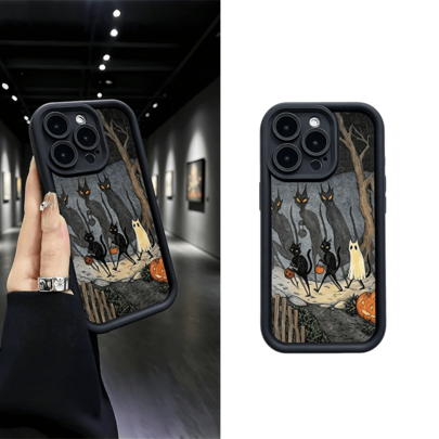 Funda de teléfono con ilustración pintada a mano de gato negro, fantasma y calabaza de Halloween, estilo vintage, marco negro mate, carcasa blanda de silicona, personalizada, nicho, cobertura total, lente anti-caídas, estilo cool, funda protectora compatible con Apple 6/7/8/X/Xs/Xr/Xs Max/11/12/13/14/15/16Pro Max, también compatible con 17 16e 16 15 14 13 12 11 Mini Pro Max, cubierta trasera mate anti-caídas, funda protectora para smartphone, adecuada para uso diario, diseño creativo, accesorio de moda para teléfono, compatible con Galaxy A56 5G, Smart 8, Hot 40i, Spark 20, Spark 20C, Spark Go 2024, Note 14 5G