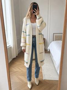 Women's Oversized Contrast Stripe Open Front Long Cardigan Sweater With Pockets - Beige - View 2