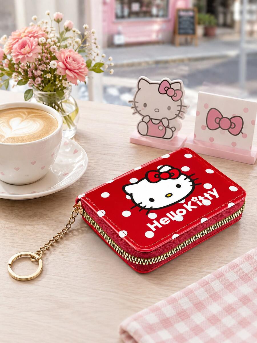 SANRIO 1pc Hello Kitty Small Wallet For Women Girls, Cute Zip Around Coin Purse With Multiple Card Slots, Zipper Coin Pocket And Keychain Ring - Multicolor - View 1