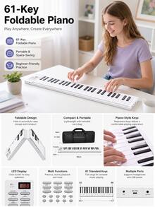 1 buah Keyboard Elektronik Portabel Lipat 61 Tombol Warna Putih dengan Tas Penyimpanan, 16 Nada, 100 Ritme, 25 Lagu Demo, Piano Gulung Isi Ulang USB, Keyboard Musik Multifungsi, Cocok untuk Pemula, Latihan di Rumah dan Pelajaran Musik - Tersedia berbagai pilihan (kemasan yang lebih baik) - View 5