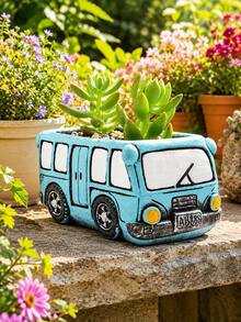 1pc Cute Vintage Bus Succulent Planter, Blue Resin Vintage Bus Flower Pot, Suitable For Small Plants, Creative Window Sill Flower Box, Suitable For Window Sill, Desktop, Garden And Home Decor, Gift For Plant Lovers - A - View 6