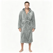 Men's Long Flannel Hooded Robe, Autumn/Winter Thickened Warm Comfortable Loungewear, With Waist Tie And Large Pockets, Casual Bathrobe, Suitable For Home - Light Grey - View 6