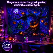 2D Fluorescent Halloween Tapestry: Scary Demon Tree, Pumpkin Head, Scarecrow, Haunted House, Full Moon, Bats, Spider Web, Blacklight Reactive Tapestry - Halloween Home Party Decoration - Multicolor - View 7