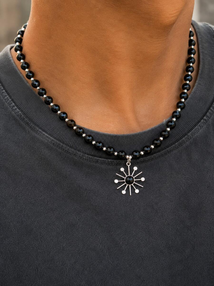 1pc Niche Unisex Black Beaded Radial Sun Pendant Necklace For Men And Women - Black - View 1