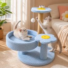 All-Season Cat Tree, Cat Climbing Tower, Cat Tree With Cat Bed, Large Cat Tree, Thick Sisal Rope, Indoor Home Use, Tall Cat Tree With Cat Bed, Tall, Stable, Wear-Resistant, No Shedding, Multi-Layer Cat Tree, Blue Floral Design Cat Tree, With Round Cat Bed, Sisal Scratching Post And Hanging Ball Toy, Multi-Platform Cat Activity Center, Indoor Pet Entertainment Furniture, Suitable For Daily Resting, Scratching And Playing - Multicolor - View 7