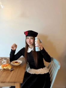 YEAE | Girly Polka Dot Print Long Sleeve Top Vacation Streetwear - Black - View 5