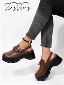 Women's Autumn/Winter Height-Enhancing Double Buckle Back Strap Rivet Thick Sole Wedge Mule Shoes, Super High Heel Round Toe Closed Toe Half-Slip, Fashionable Personalized Outdoor Slippers - Brown - View 3