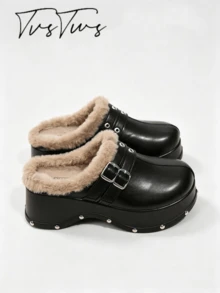 Petite höjdförstärkande loafer-mule med nitar och tjock sula, punkig brittisk stil, metallspänne, sluten tå och rygglös sko - Svart - Visa 4