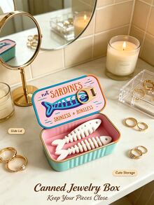 Vintage Sardine Mini Jewelry Storage Box With Fish Bone Divider, Mini Earring Box,Snap Closure Sealed Portable Jewelry Box,Rectangular Flip Top Metal Tin,Compartment Storage For Earrings, Rings,Necklaces, Suitable For Commuting,Short Trips, Dorm Desk - Multicolor - View 5