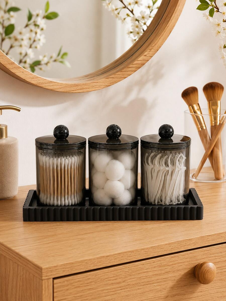 1/3/4-Piece Cotton Swab Storage Set – Bathroom Storage Organizer Featuring A Tray And Canisters For Cotton Pads, Swabs, And Balls; Lidded Plastic Jars Suitable For Storing Small Bathroom Items Like Dental Floss Picks. - Multicolor - View 1