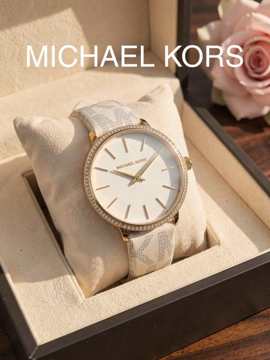 MICHAEL KORS MK1037 Pyper Series Women's Quartz Watch Gold Case With Rhinestone Bezel White Dial Logo Print Strap Two-Hand Minimalist Luxury Women's Watch - White - View 1