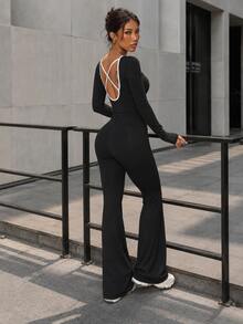 Women's Contrast Binding Square Neck Criss Cross Open Back Long Sleeve Flare Leg Yoga Jumpsuit, Bodycon Workout Activewear Unitard - Black - View 3