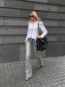 Women's Fashion Striped Shirt, Contrast Trim Asymmetrical Hem, Long Sleeve Button Front Polyester Blouse, Perfect Choice For Autumn - White - View 4