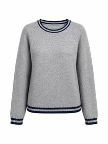 College Style Contrasting Striped Round Neck Knitted Sweater For Women's Autumn And Winter Casual Loose Daily Pullover Top Versatile - Grey - View 6