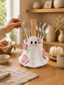 Cute Ghost Cutlery Holder With Pink Butterflies, Halloween Utensil Organizer For Forks Spoons Chopsticks, Kitchen Countertop Tableware Storage, Dining Table Decor, Fall Home Decor, Housewarming Gift - Multicolor - View 5