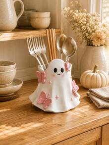 Cute Ghost Cutlery Holder With Pink Butterflies, Halloween Utensil Organizer For Forks Spoons Chopsticks, Kitchen Countertop Tableware Storage, Dining Table Decor, Fall Home Decor, Housewarming Gift - Multicolor - View 7