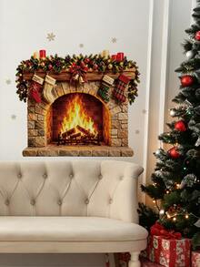 mama look 1pc/2pcs, Multi-Style, Christmas Decoration Wall Sticker Creative Realistic Fireplace, PVC Self-Adhesive Removable, Suitable For Bedroom, Living Room, Kitchen, Dining Room, Entryway Wall Decoration, Beautify Wall And Conceal Imperfections - Multiple Styles - View 13