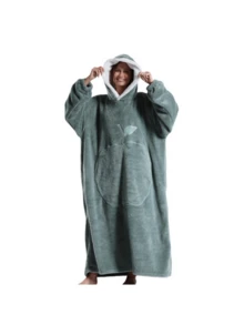 Large Hooded Blanket Bathrobe, Soft Fluffy Coral Fleece Long Robe, White Lambswool Lining, Hooded, Leaf Embroidery Detail, Large Front Pocket, Loose Warm, Suitable For Sofa Leisure - Multicolor - View 21