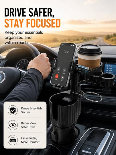 3-In-1 Multifunctional Car Cup Holder Tray, 360° Rotating Car Dining Table With Phone Holder And Beverage Cup Slot, Adjustable ABS Car Snack Food Storage Tray, Universal Car Interior Accessory