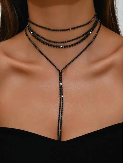 Women's Elegant Rhinestone Decorated Sparkling Necklace, Exquisite Fashion Layered Necklace, Suitable For Party And Daily Wear, Delicate Layered Jewelry, Shiny Necklace