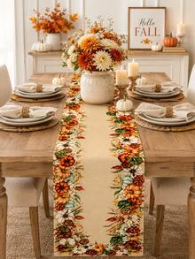 Fall Pumpkin Maple Leaf Table Runner, Autumn Sunflower Floral Harvest Table Runner For Thanksgiving Dinner Party Kitchen Dining Table Home Decor - Multicolor - View 1