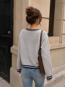 College Style Contrasting Striped Round Neck Knitted Sweater For Women's Autumn And Winter Casual Loose Daily Pullover Top Versatile - Grey - View 5