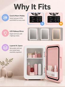 SOKANY 4L Portable Dual-Use Skincare Mini Fridge With Dimmable LED Makeup Mirror, Hot And Cold Functions, Suitable For Storing Cosmetics, Snacks And Beverages, Ideal For Bedroom, Office And Car - Pink - View 1